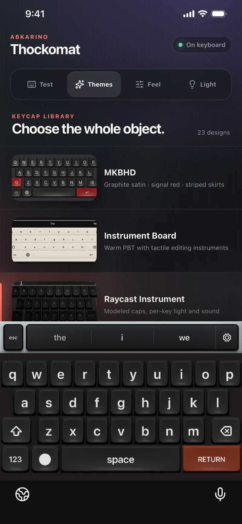 Thockomat theme library with several distinct mechanical keyboard designs